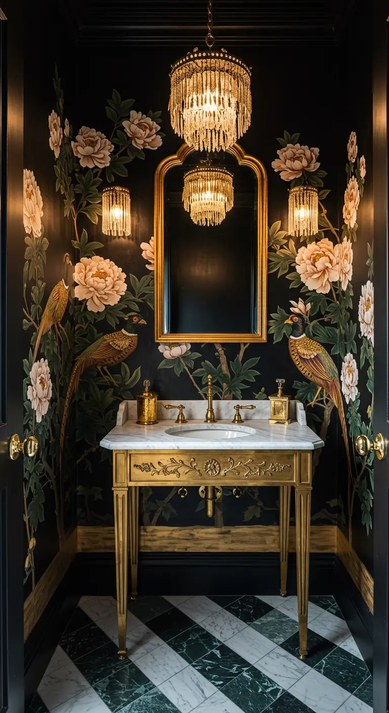 Moody powder room with black floral Chinoiserie wallpaper and gold vanity.