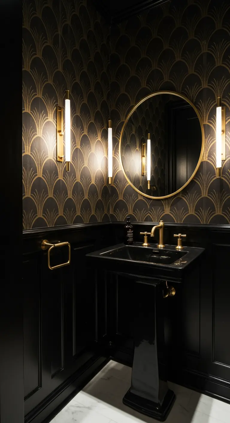 A moody Art Deco powder room with black walls, a pedestal sink, and gold fixtures.