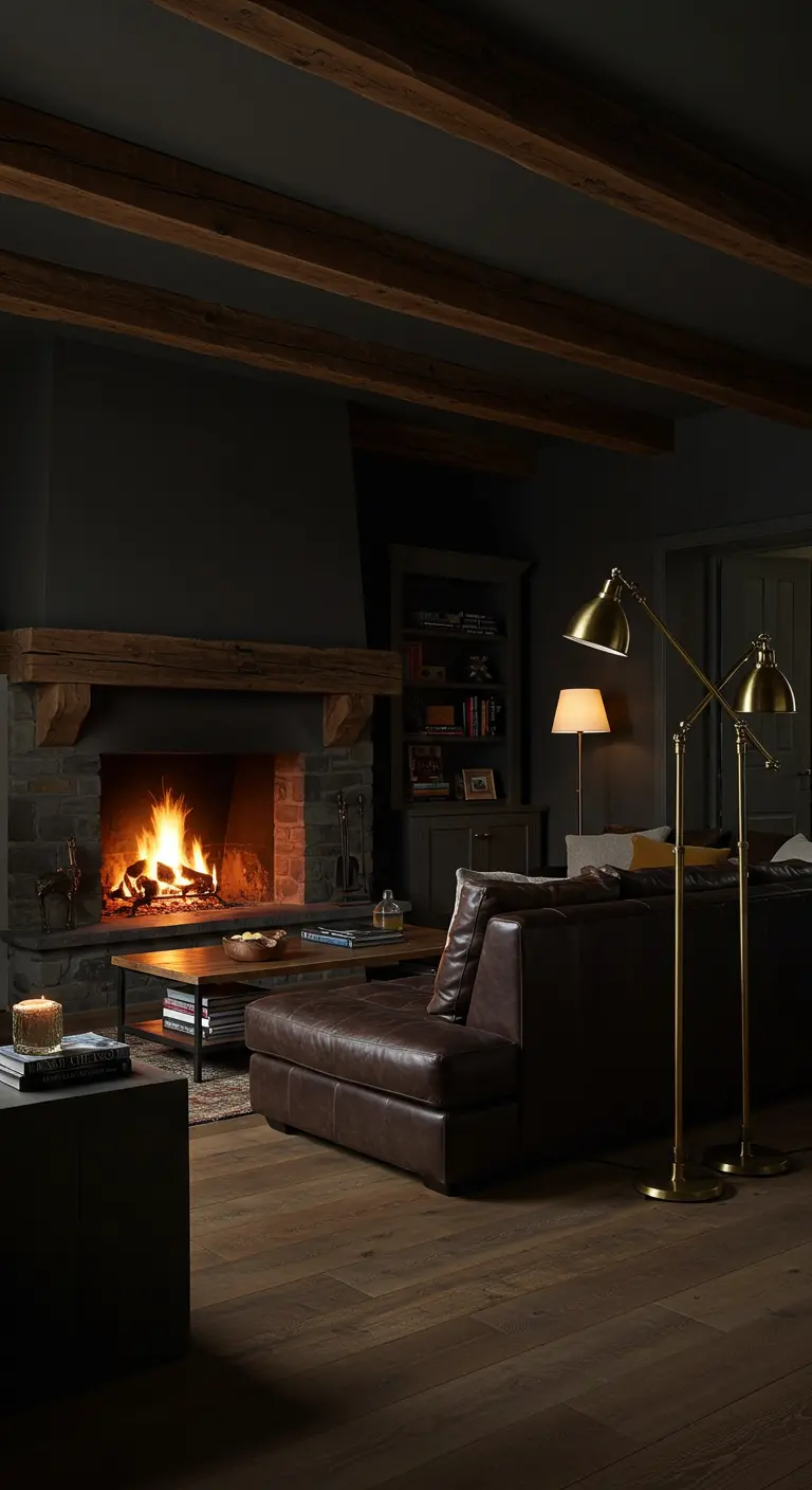 Moody living room with dark walls, stone fireplace, brown leather sofa, and brass floor lamps.