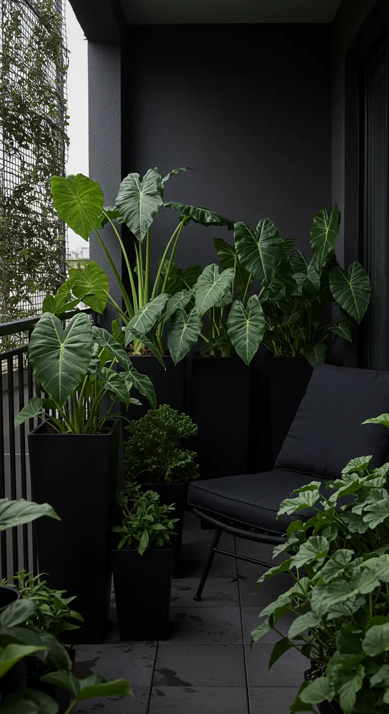 A sleek, all-black balcony with black planters, black furniture, and large-leafed plants.