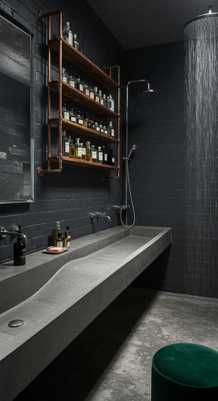 A moody, all-black bathroom with a long concrete sink, copper pipe shelves, and an open shower.