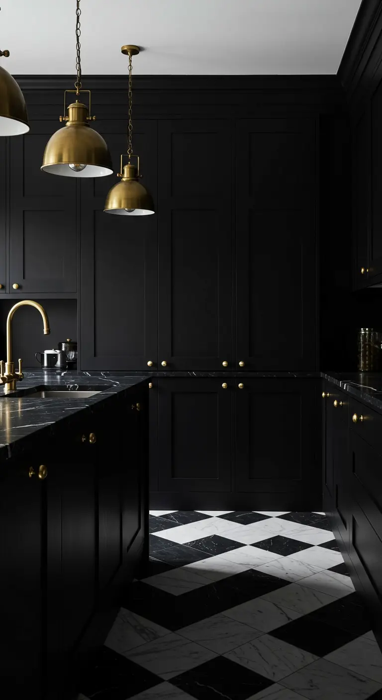 A dramatic all-black kitchen with brass hardware and a striking black and white marble floor.