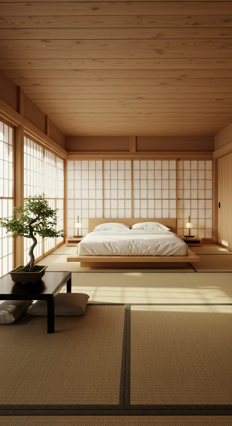 Sunlit Japanese-style bedroom with a low bed, tatami floors, and a bonsai tree.