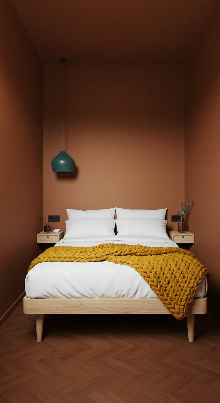Minimalist bedroom with terracotta walls, a mustard throw, and a teal pendant light.