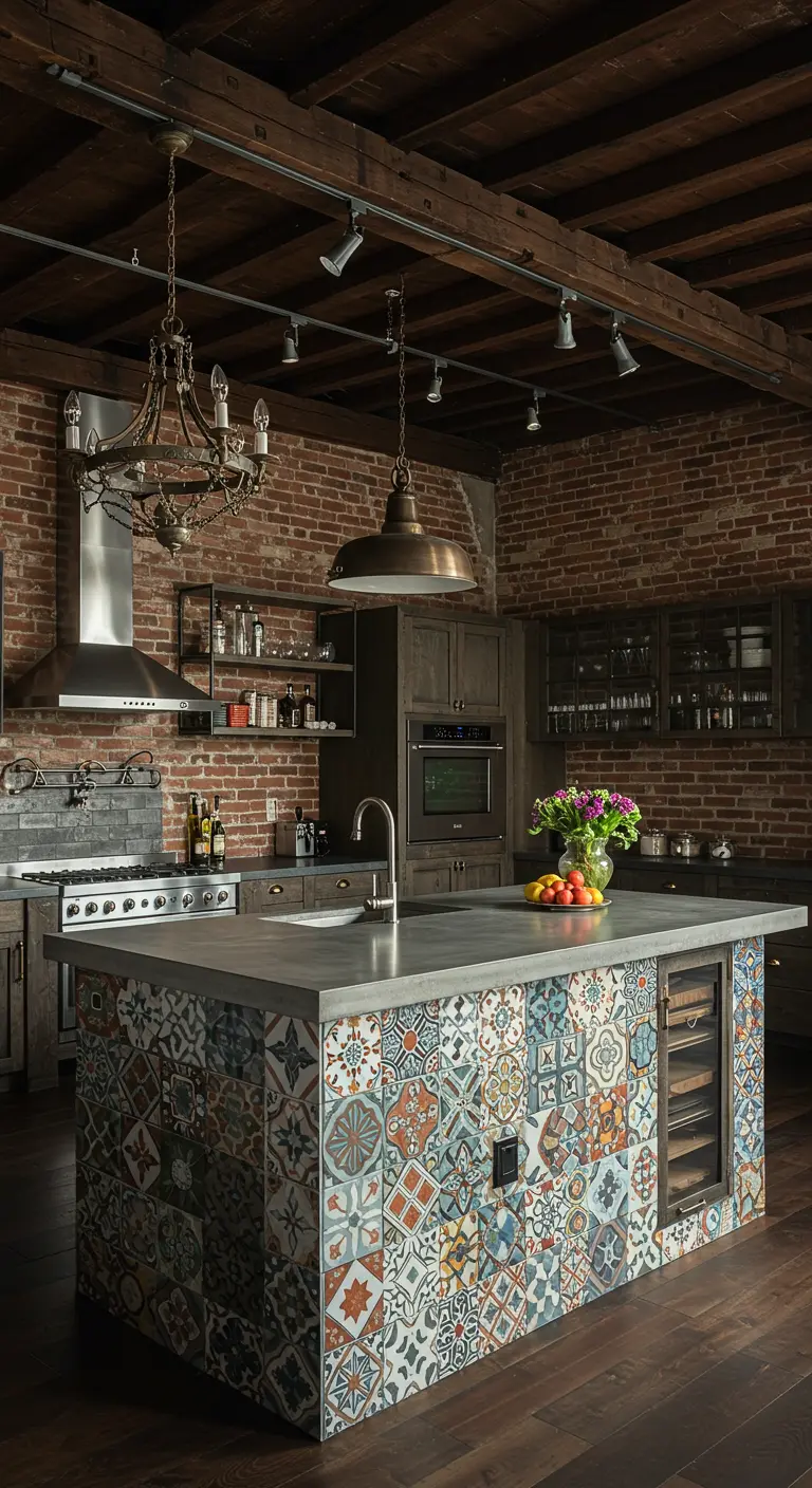 An industrial kitchen with a patchwork tiled island, exposed brick, and dark wood cabinets.