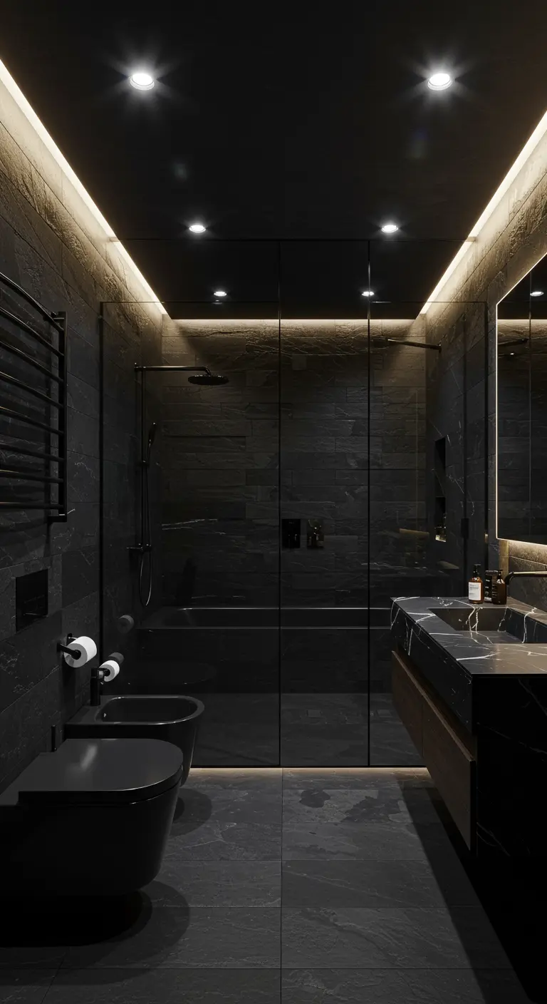 Dark bathroom with black slate tile walls, a black ceiling, and warm perimeter lighting.
