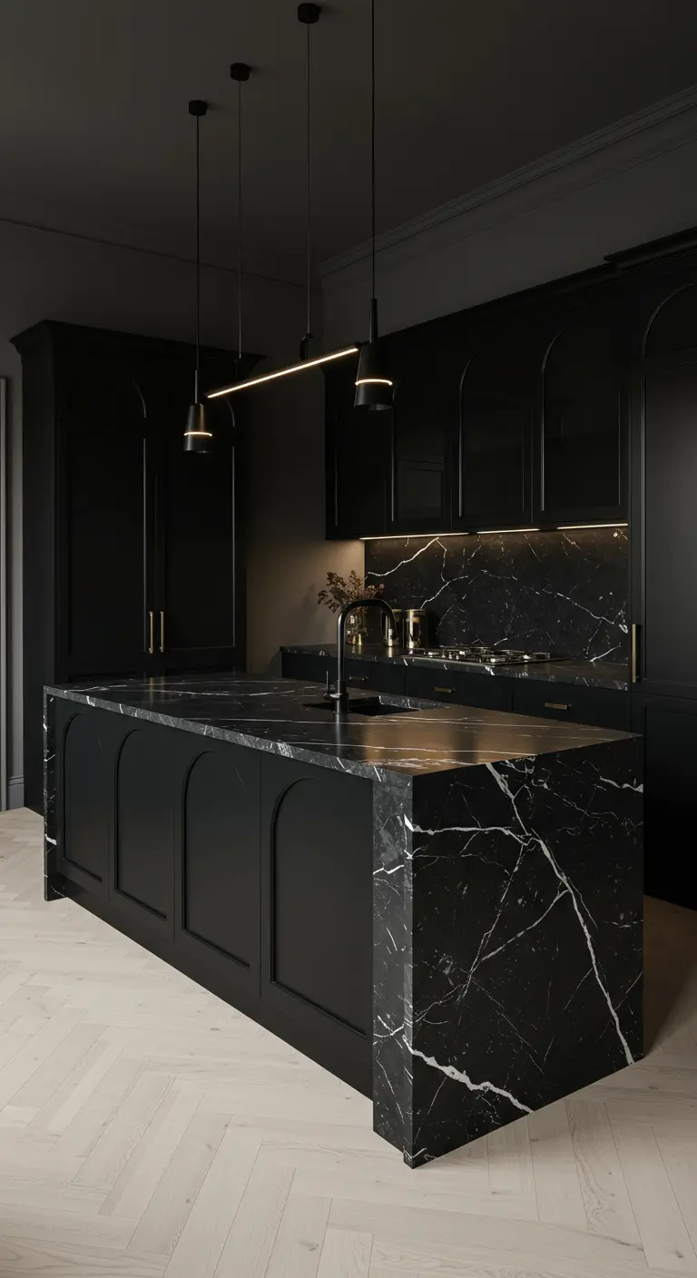 An all-black kitchen with a waterfall island made of black marble with white veins.