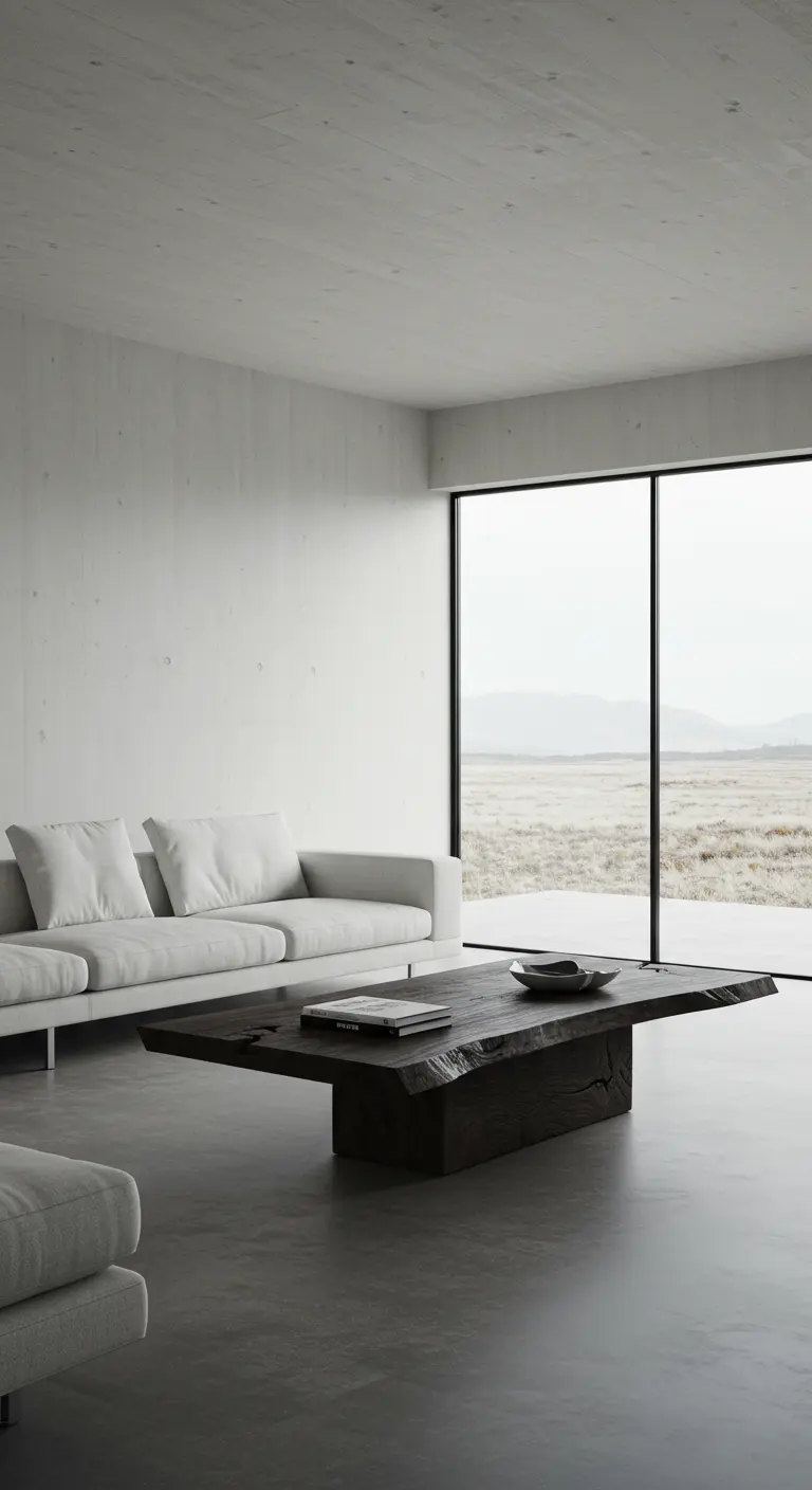 Minimalist concrete living room with a white sofa and a dark, ebonized live-edge coffee table.