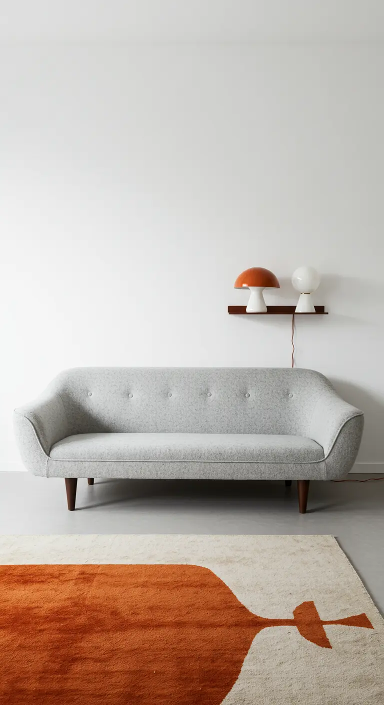 A minimalist gray curved sofa against a white wall with a bold orange and cream rug below.