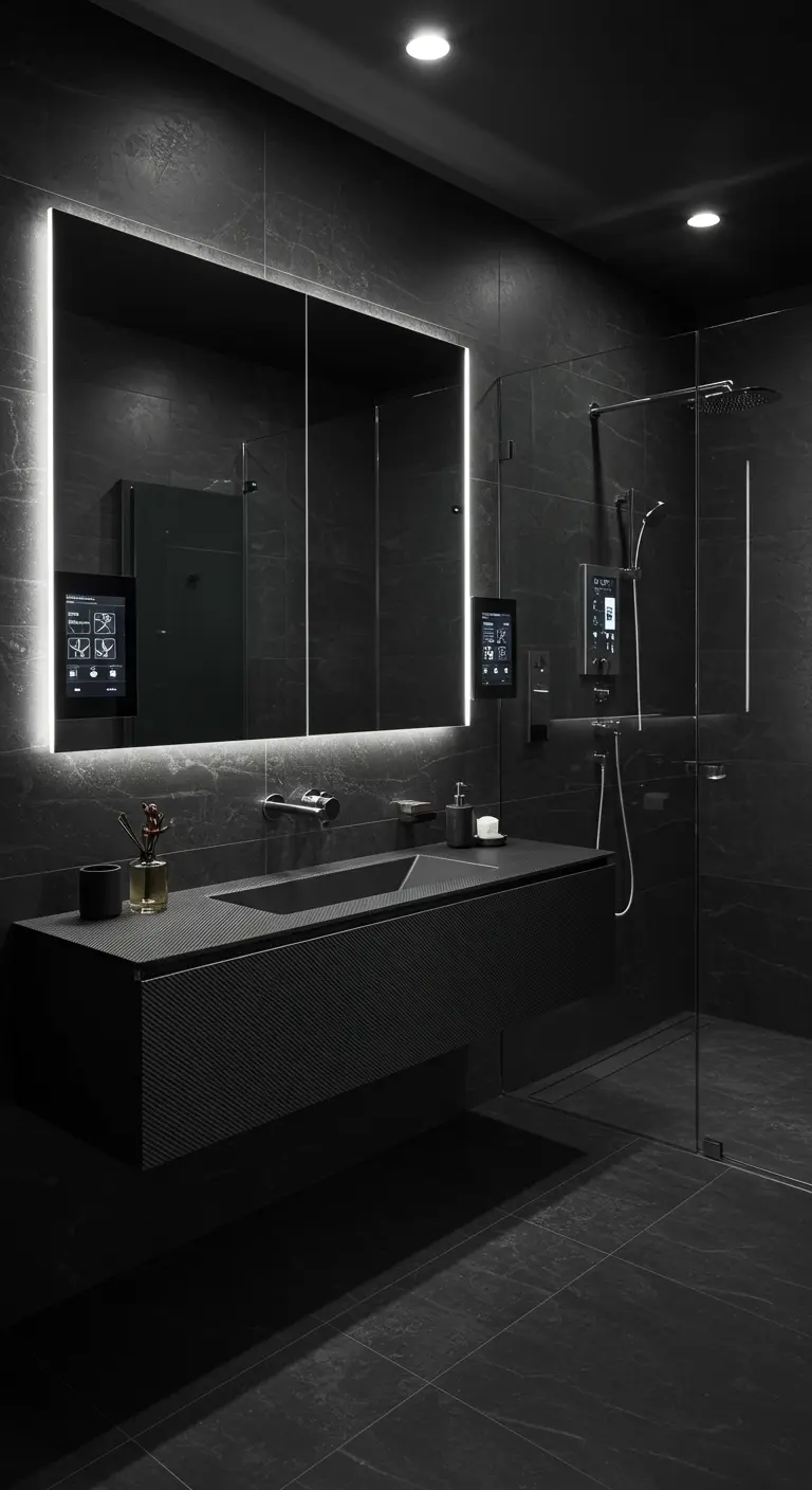 All-black smart bathroom with a textured vanity and dark tile.
