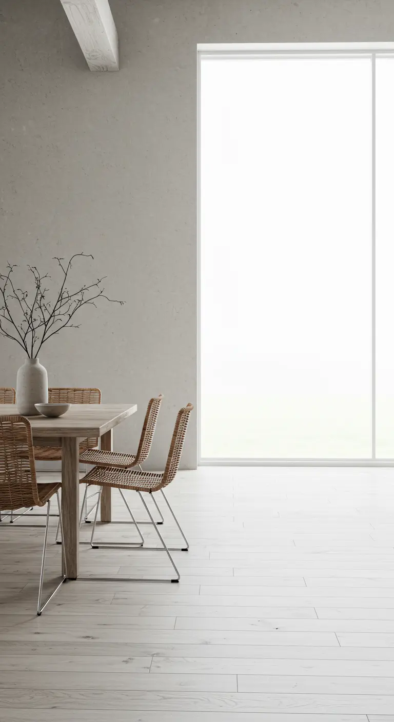 Minimalist dining area with wood table and woven chairs next to a large, bright window.