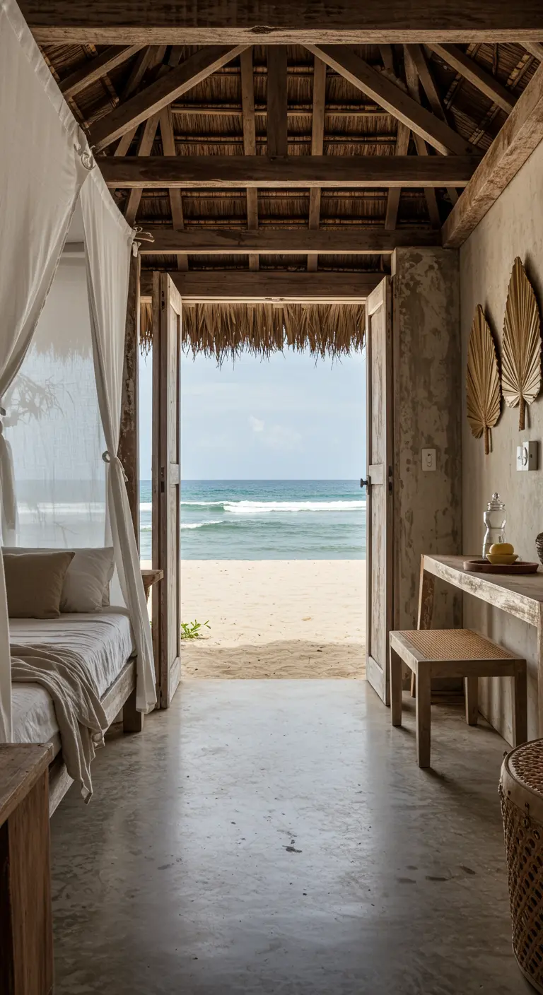Rustic bedroom with plaster walls and an open door to the beach.