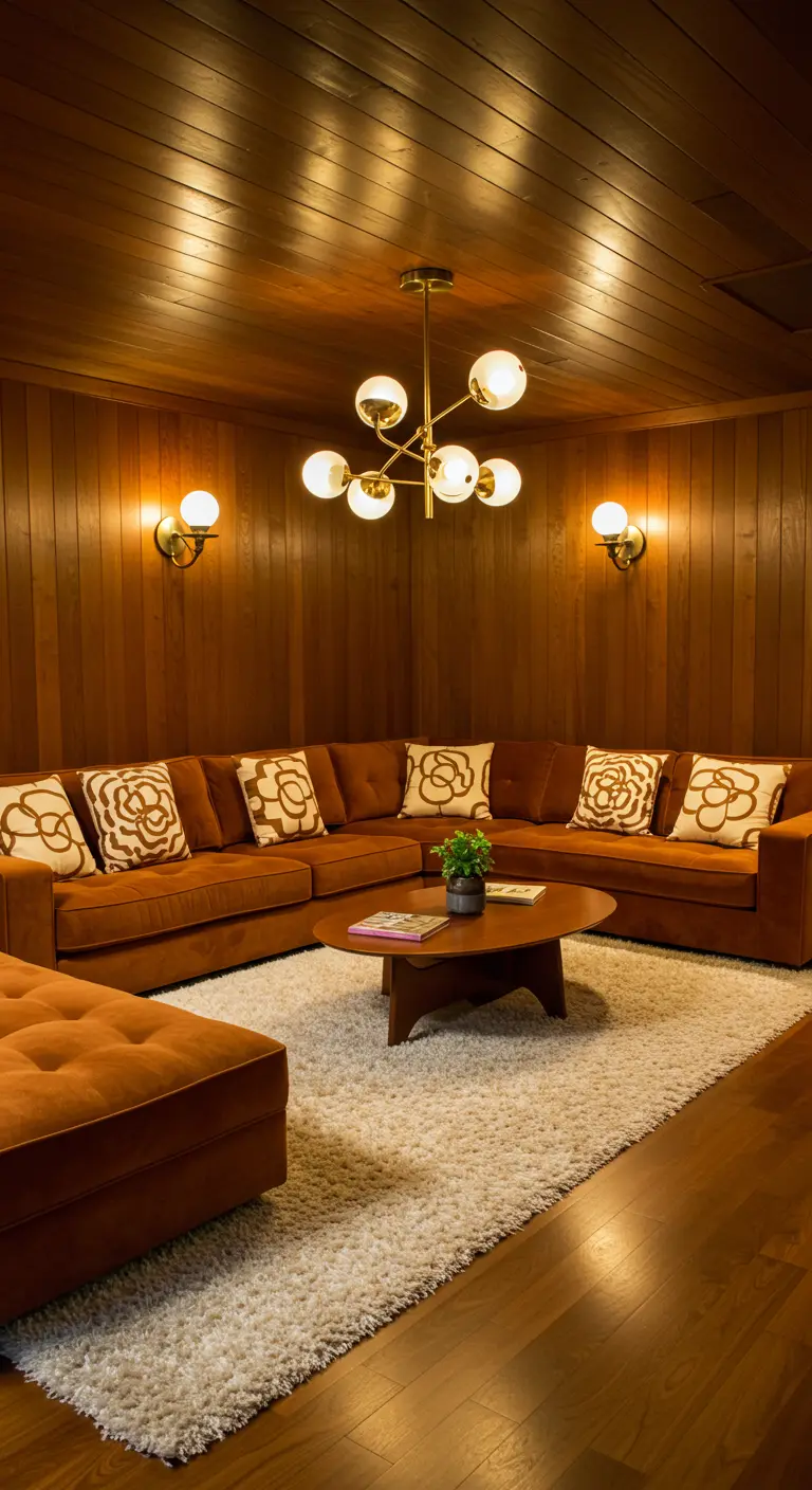 A cozy, wood-paneled den with a rust-colored velvet sectional and a modern brass chandelier.