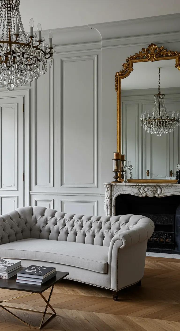 An elegant Parisian-style room with a grey tufted sofa, an ornate gold mirror over a fireplace, and a crystal chandelier.