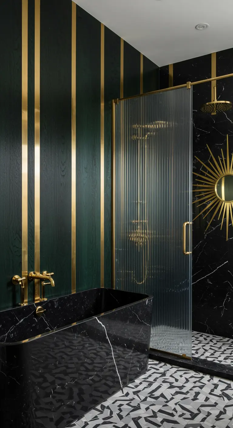 Glamorous bathroom with black and brass striped walls, a black marble tub, and geometric tiles.