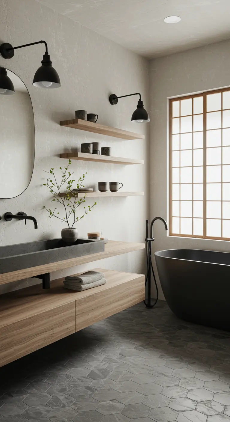 A serene, wabi-sabi inspired bathroom with textured walls and a matte black tub.
