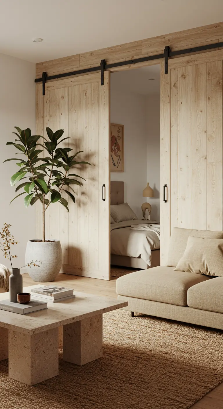 Neutral living room with rustic, light wood sliding barn doors and a stone coffee table.