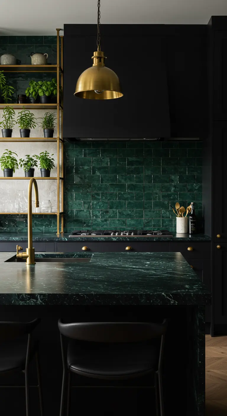 Dark, moody kitchen with black cabinets, emerald green tile, and brass hardware.