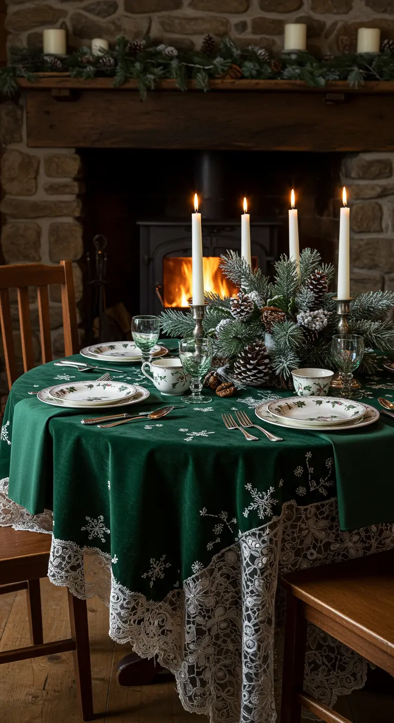 Christmas table with a green velvet tablecloth and a pinecone centerpiece.