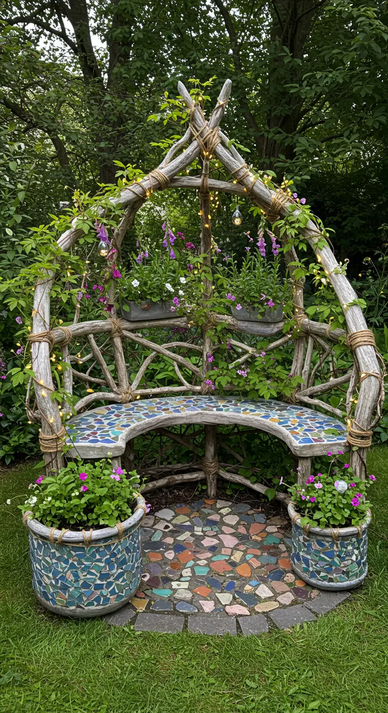 A whimsical garden arbor bench made of branches, with a mosaic seat and fairy lights.