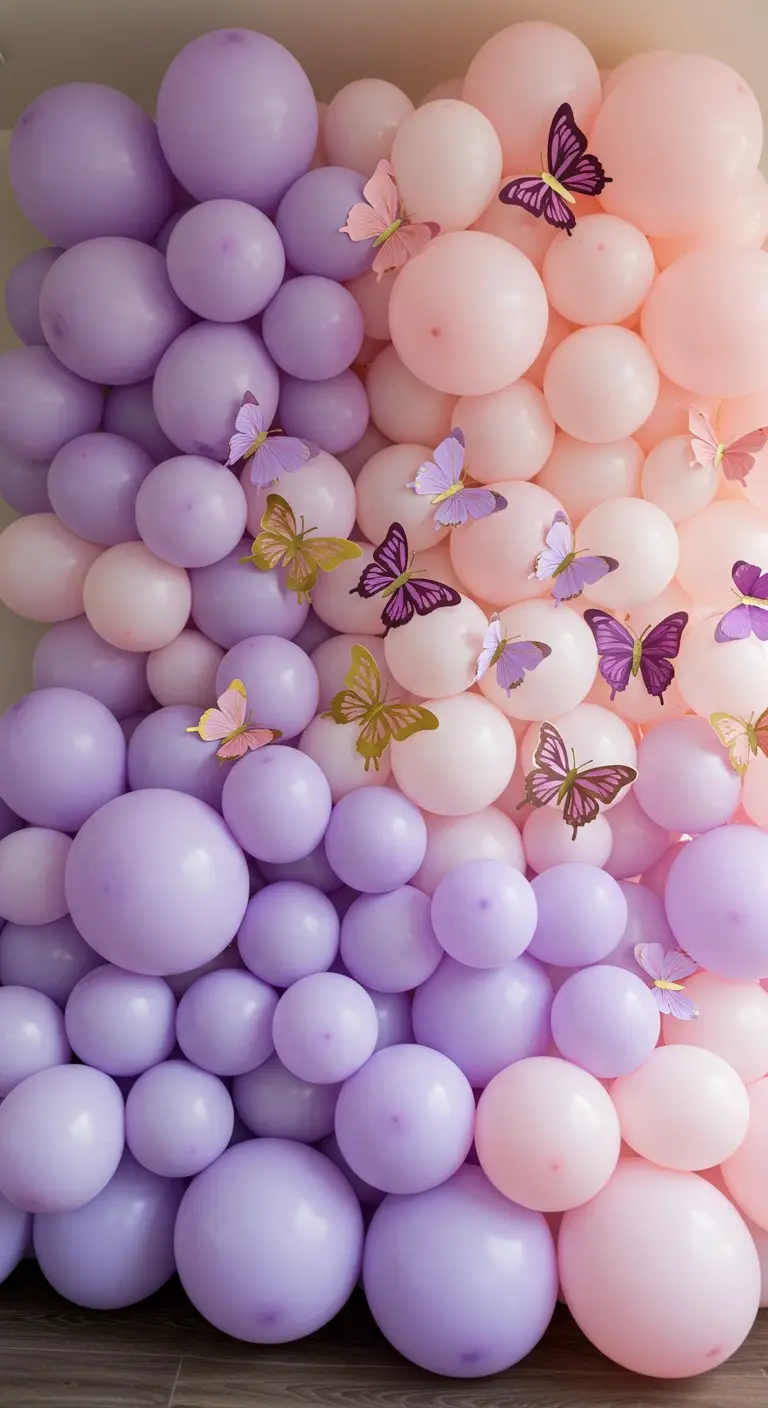 A lavender and pink balloon wall decorated with 3D paper butterflies.