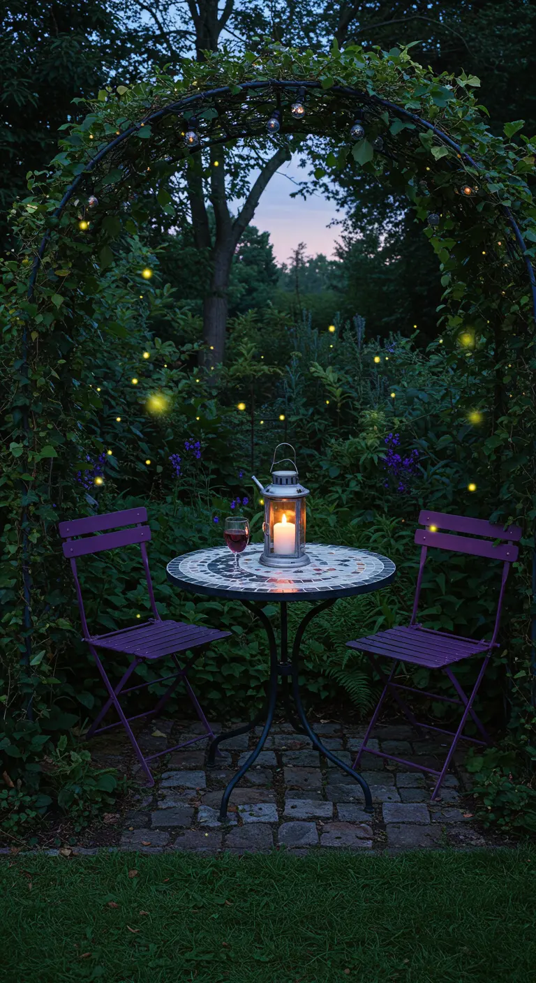 Mosaic bistro table under a garden arch at twilight, lit by a lantern and fairy lights.