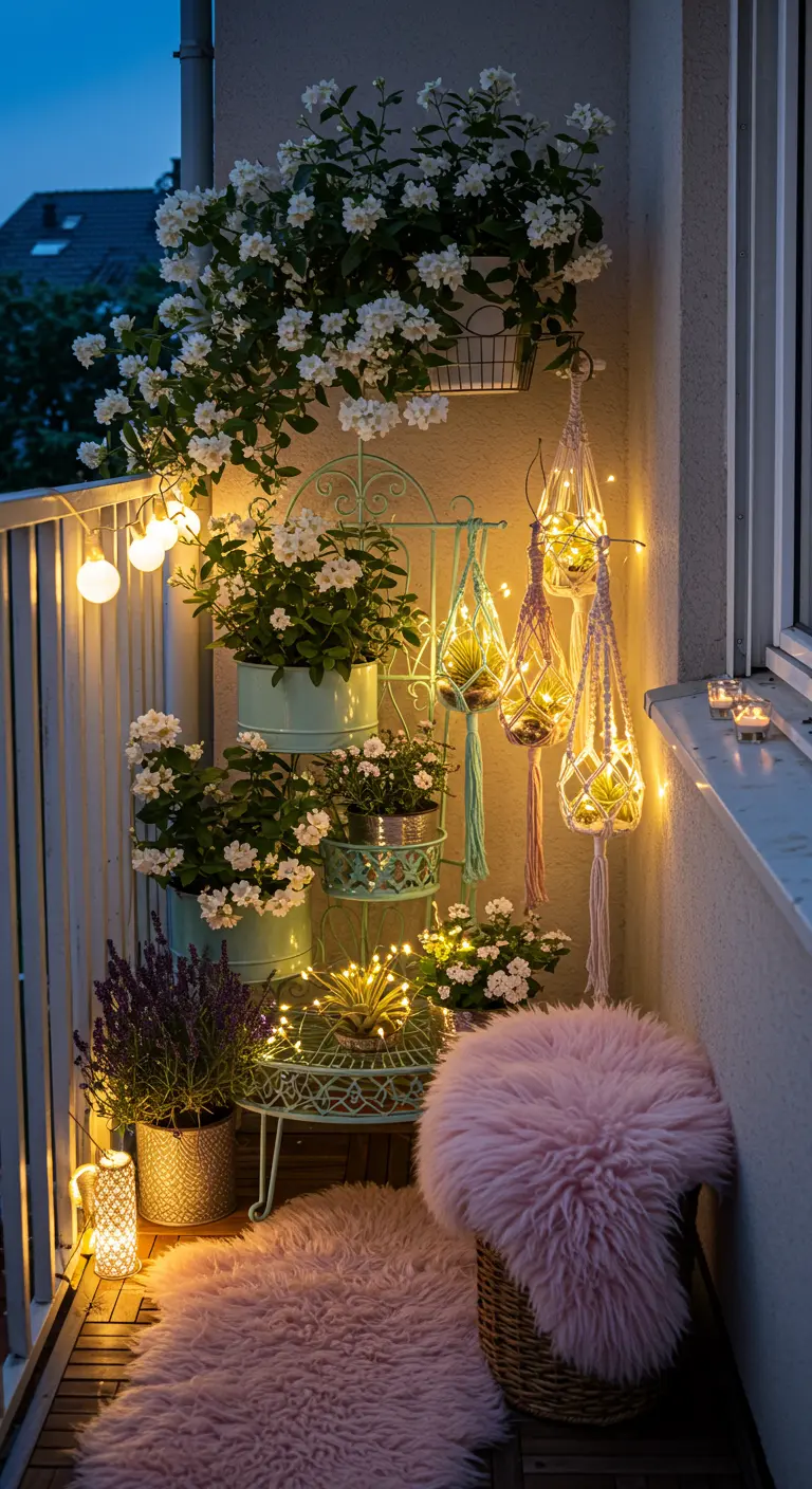 Balcony at night with fairy lights, a plant stand, and a pink rug.