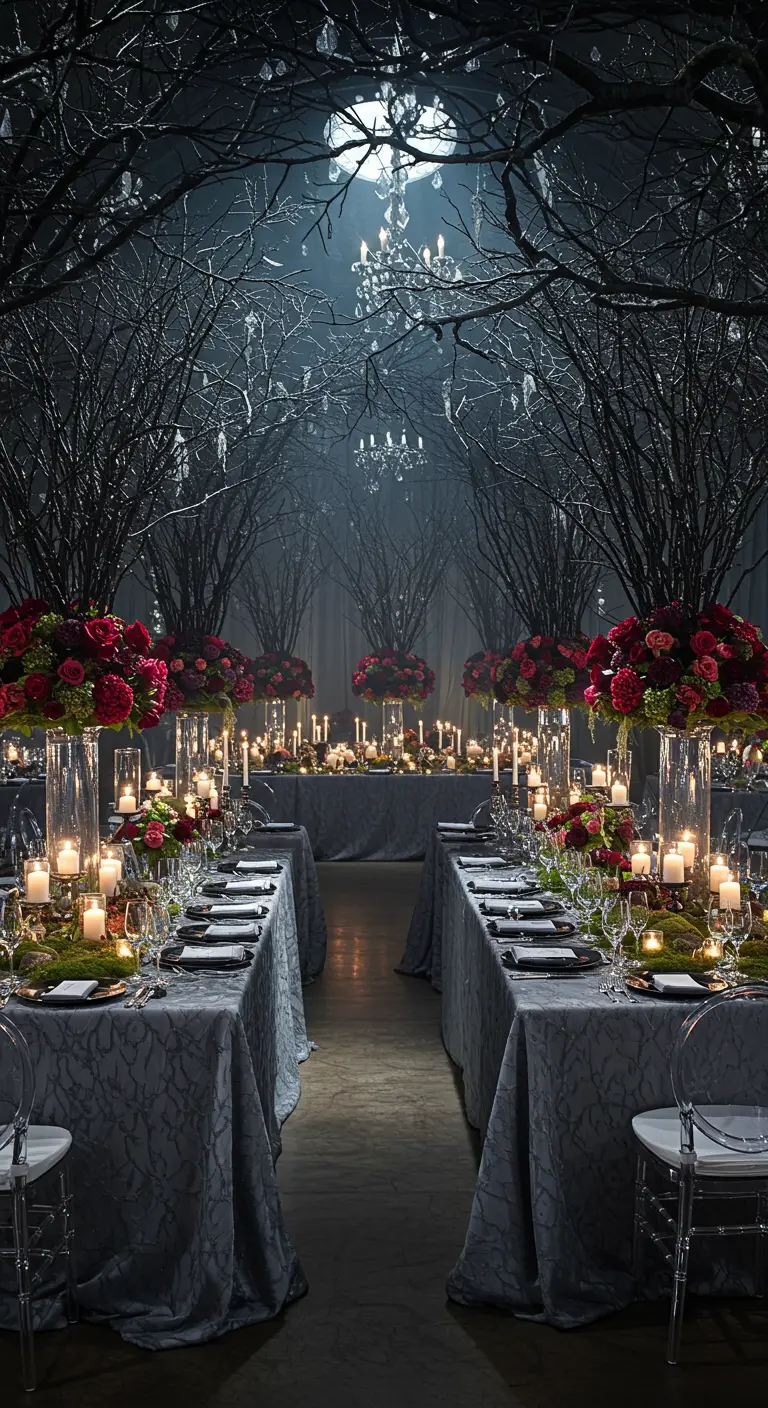 A magical party setting decorated to look like an enchanted forest with bare trees and candlelight.