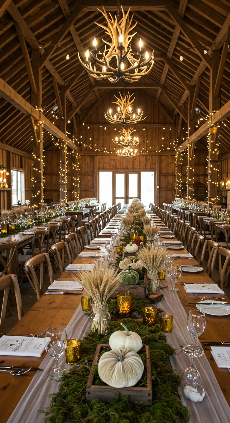 Rustic barn party with long tables decorated with moss, pumpkins, and lights.