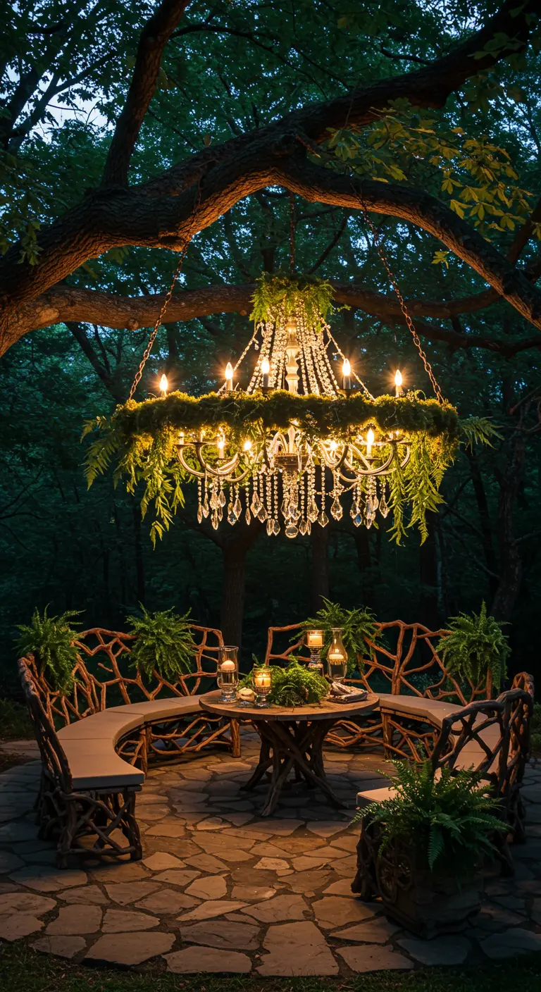 A large, moss-covered chandelier with ferns hangs from a tree in a woodland clearing.