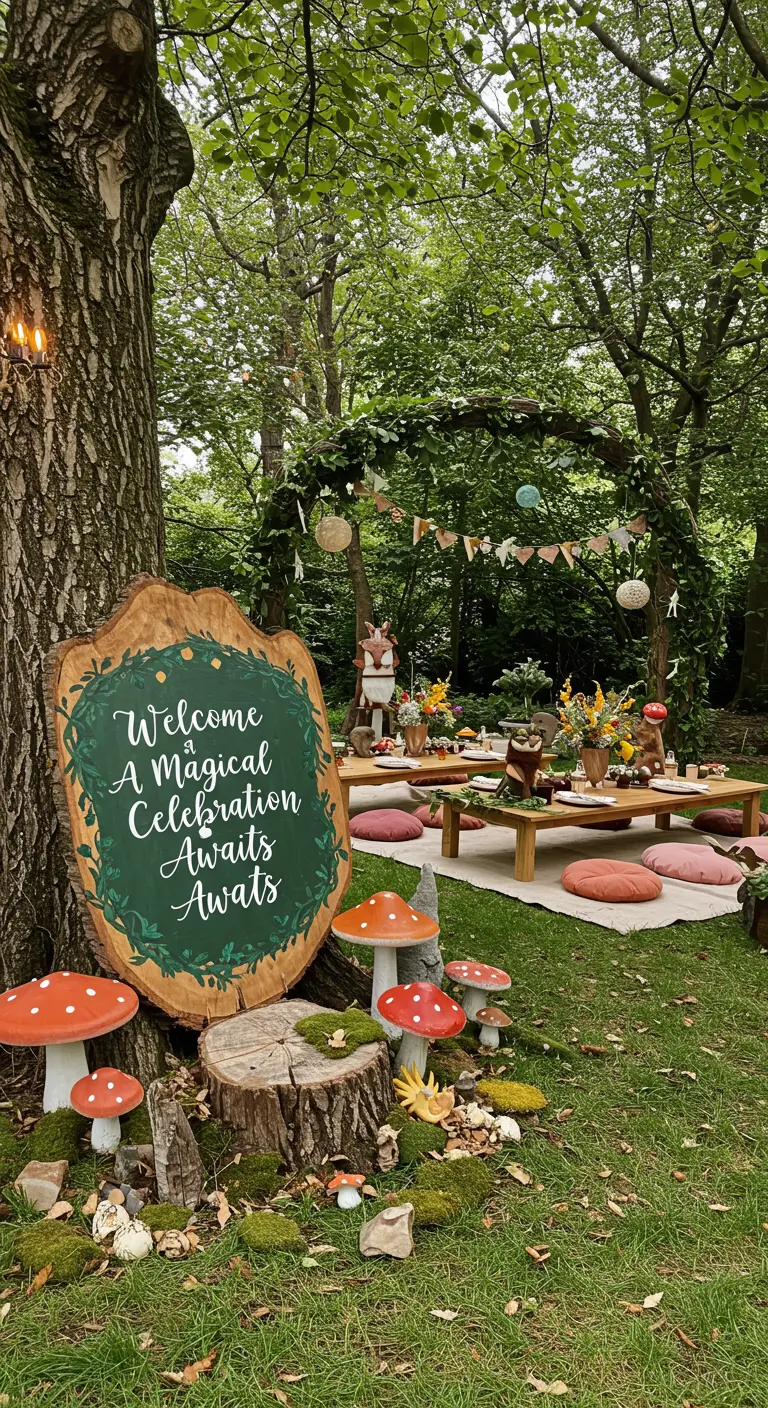 A whimsical woodland party sign painted on a large wood slice, surrounded by faux mushrooms.