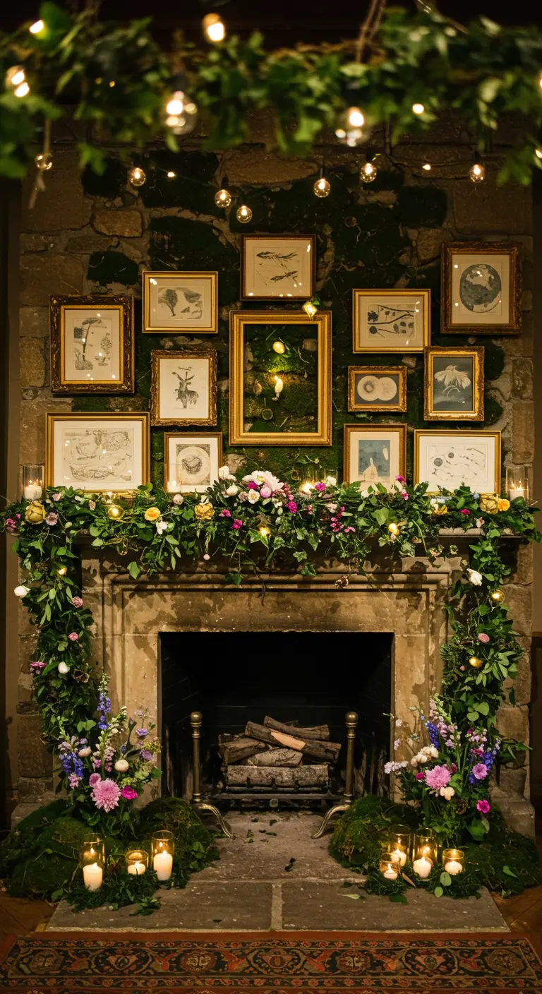 Magical mantel with a moss wall, overflowing florals, and glowing lights.