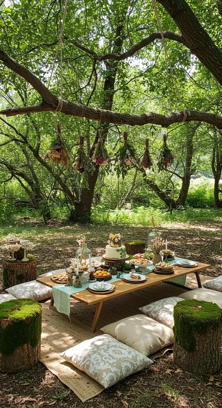 Woodland picnic scene with a low table, pillows, and mossy log stools.