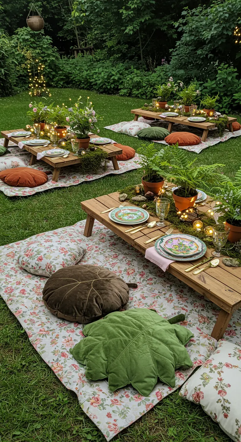 Multiple picnic tables in a lush garden with moss runners and leaf-shaped pillows.
