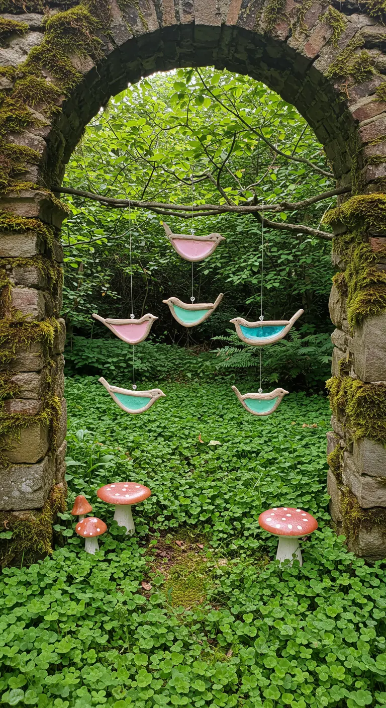 A flock of small, bird-shaped resin spinners in pink and teal hanging in a mossy stone archway.