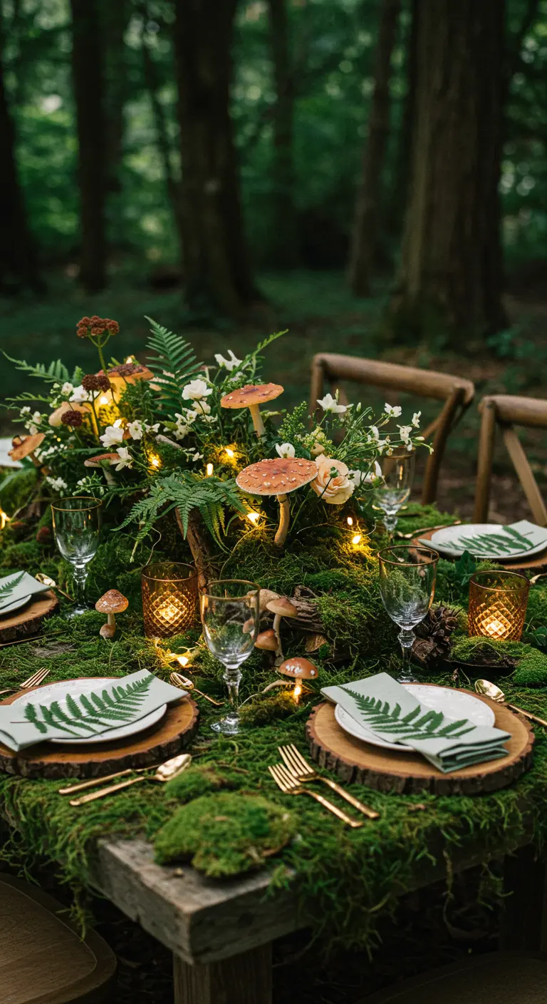 A tablescape in a forest covered in moss, ferns, mushrooms, and tiny lights.