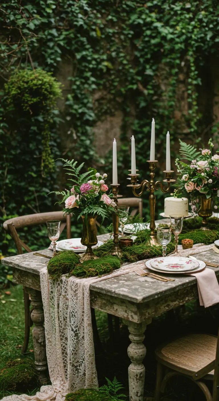 A rustic table in a garden setting with a runner made of real moss and ferns.