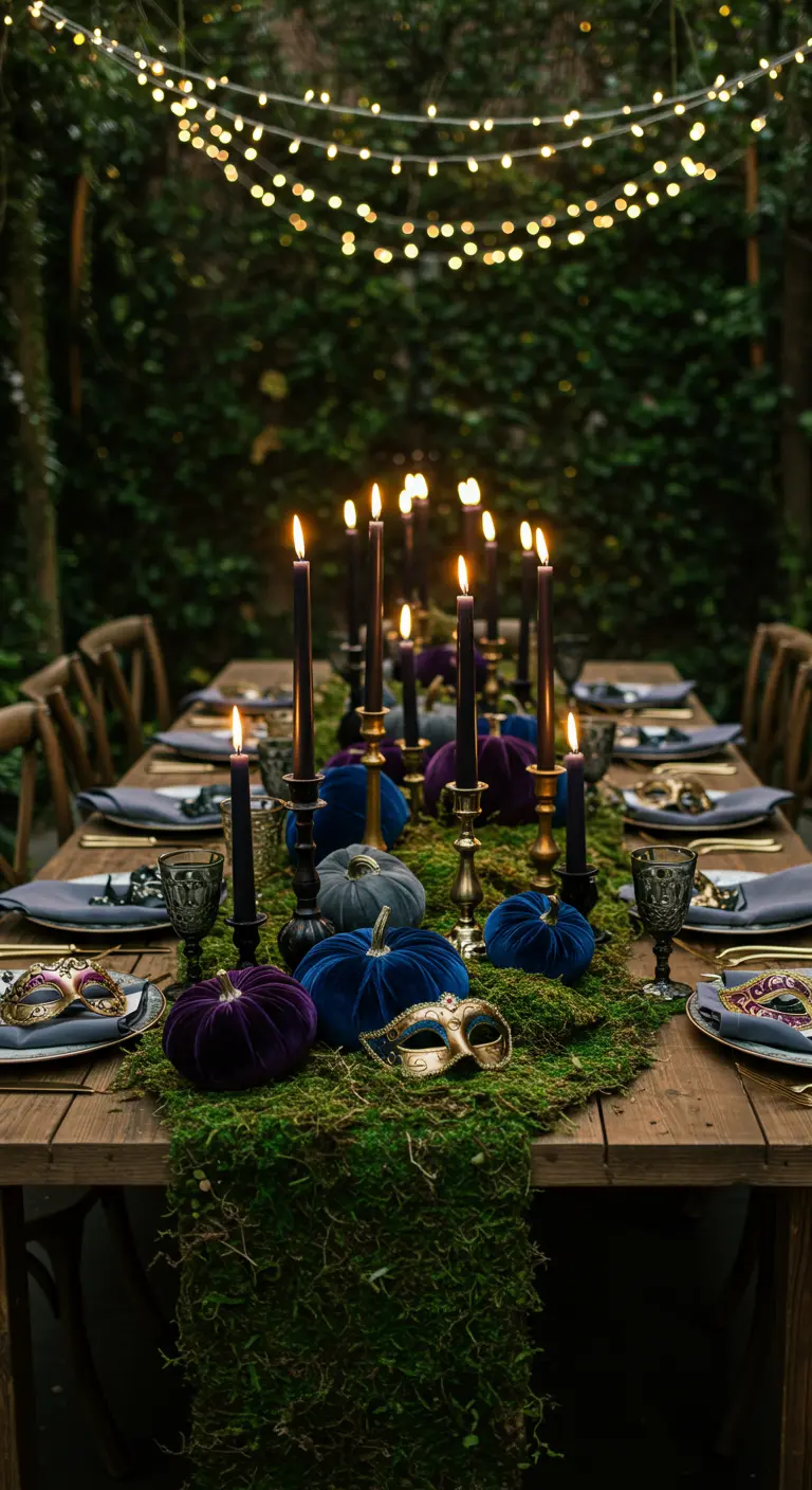 Outdoor table with a moss runner, blue and purple velvet pumpkins, and masquerade masks.