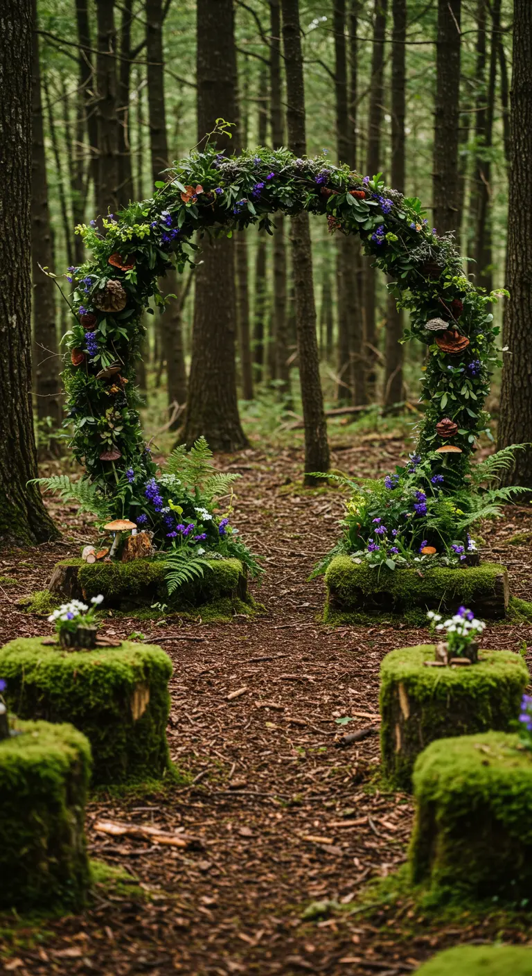 A magical circular arch in a forest, covered in moss, mushrooms, ferns, and purple flowers.