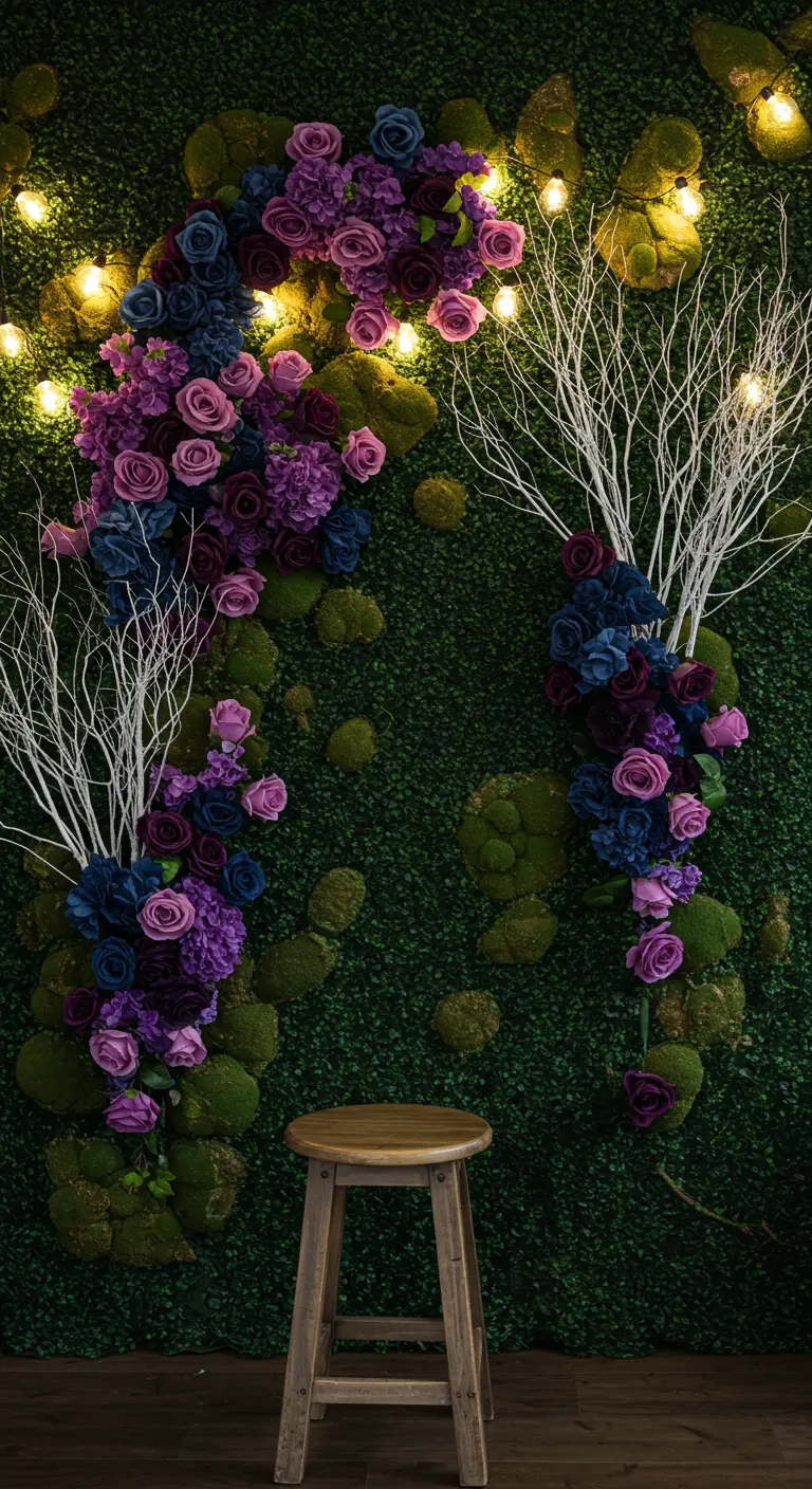A moss wall decorated with purple and blue roses, white branches, and lights.