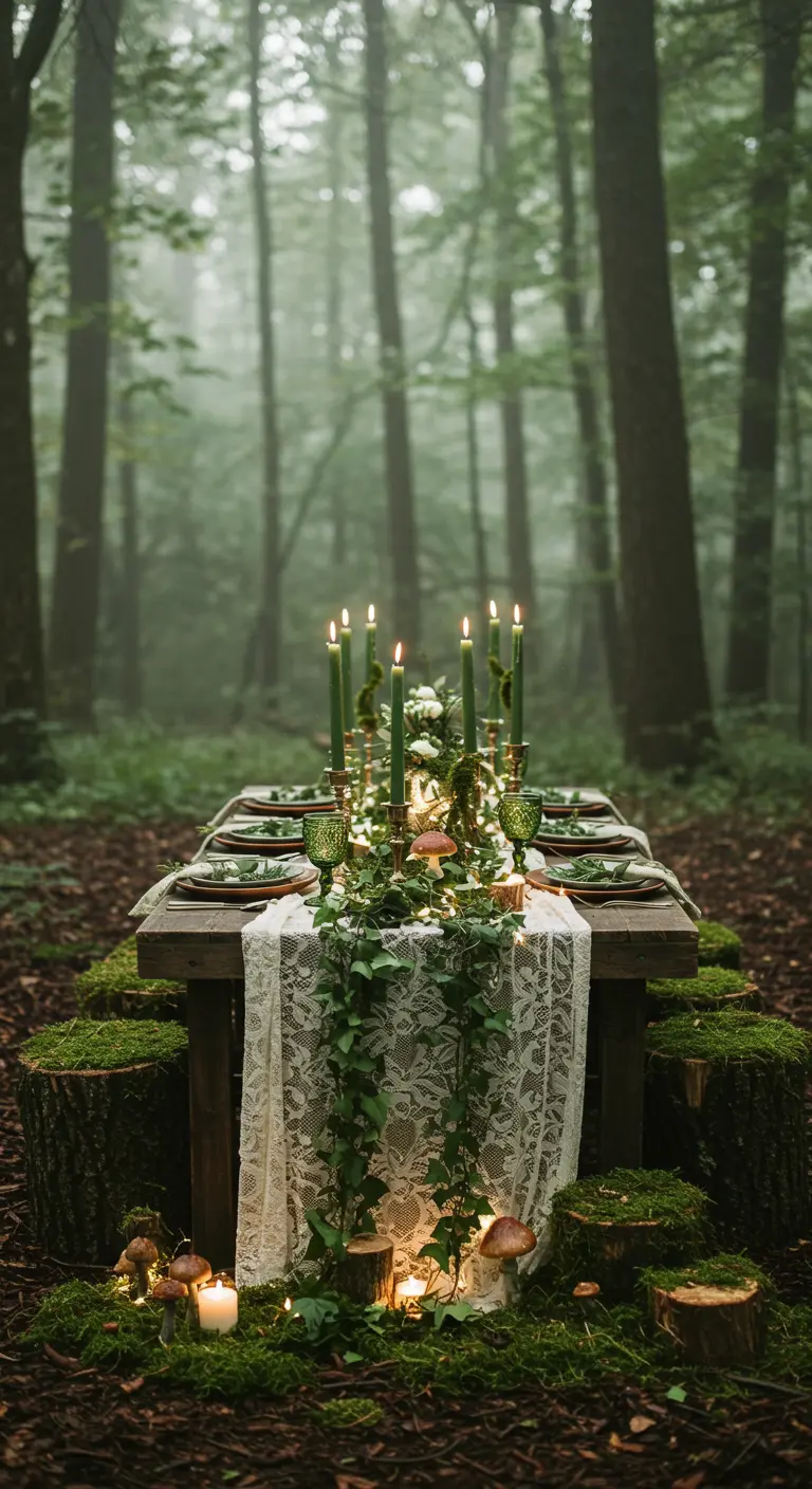 Tablescape in a misty forest with moss, ivy, and green candles.