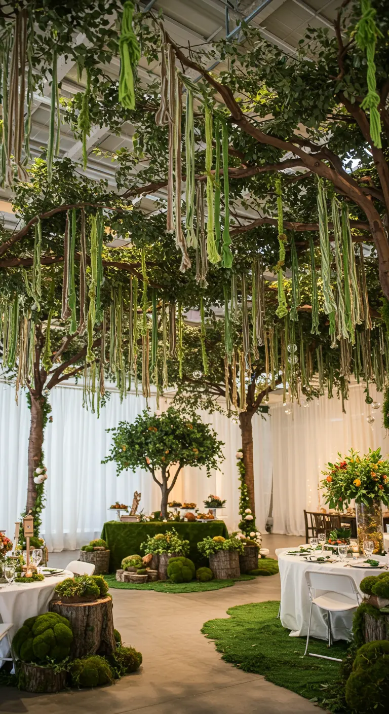 Long strands of green yarn hang from the ceiling and trees in a woodland-themed party space.