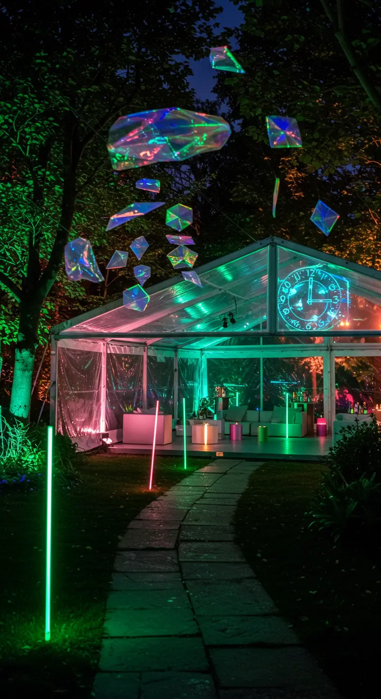 An outdoor party with holographic shapes hanging from trees and neon sticks lighting a path.