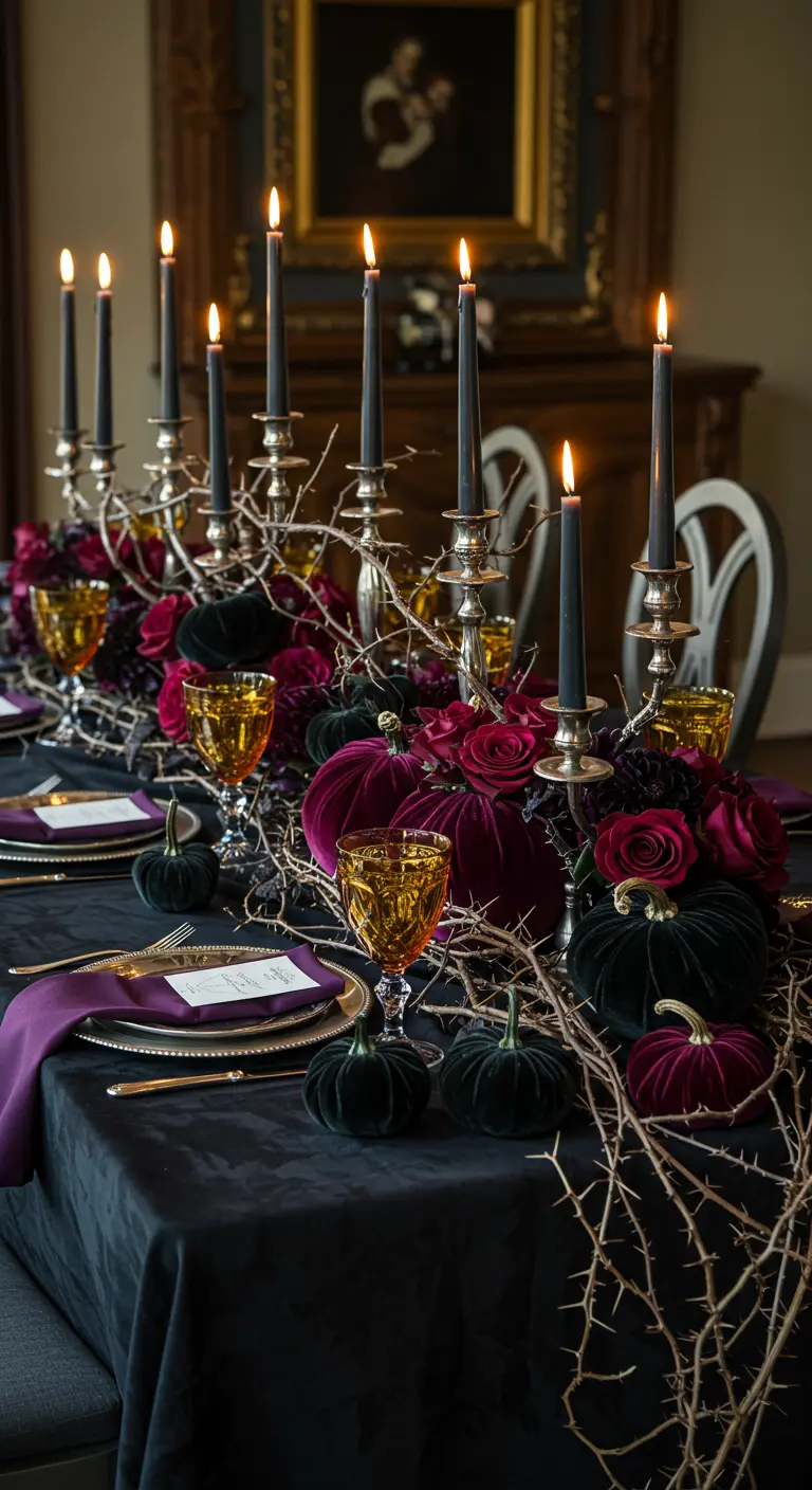 Gothic fall table with a black tablecloth, thorny branches, and velvet pumpkins.