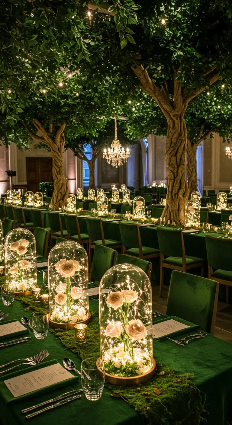 Roses under a glass cloche, illuminated by fairy lights on a mossy base.