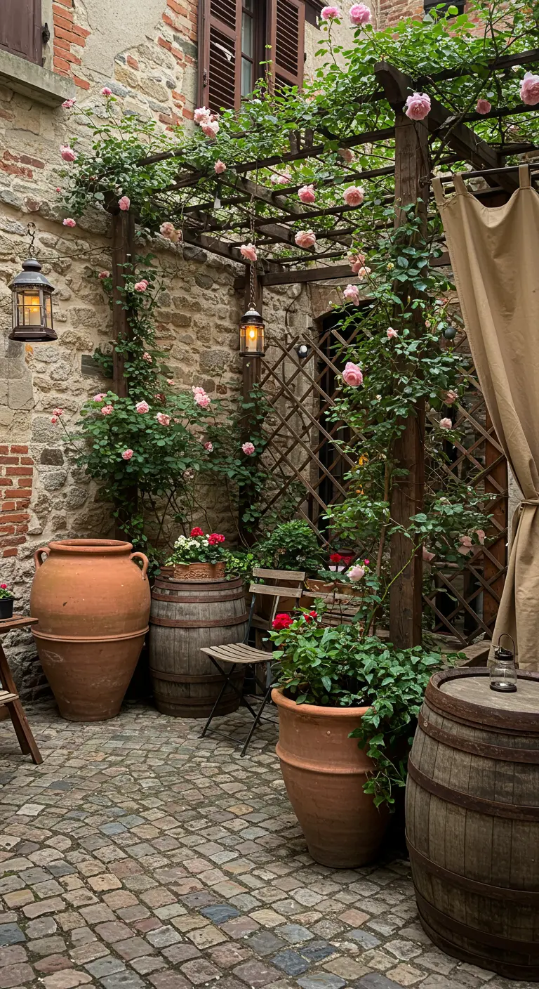 Rustic courtyard with stone walls, wooden pergola, climbing roses, large terracotta pots, and wine barrels.
