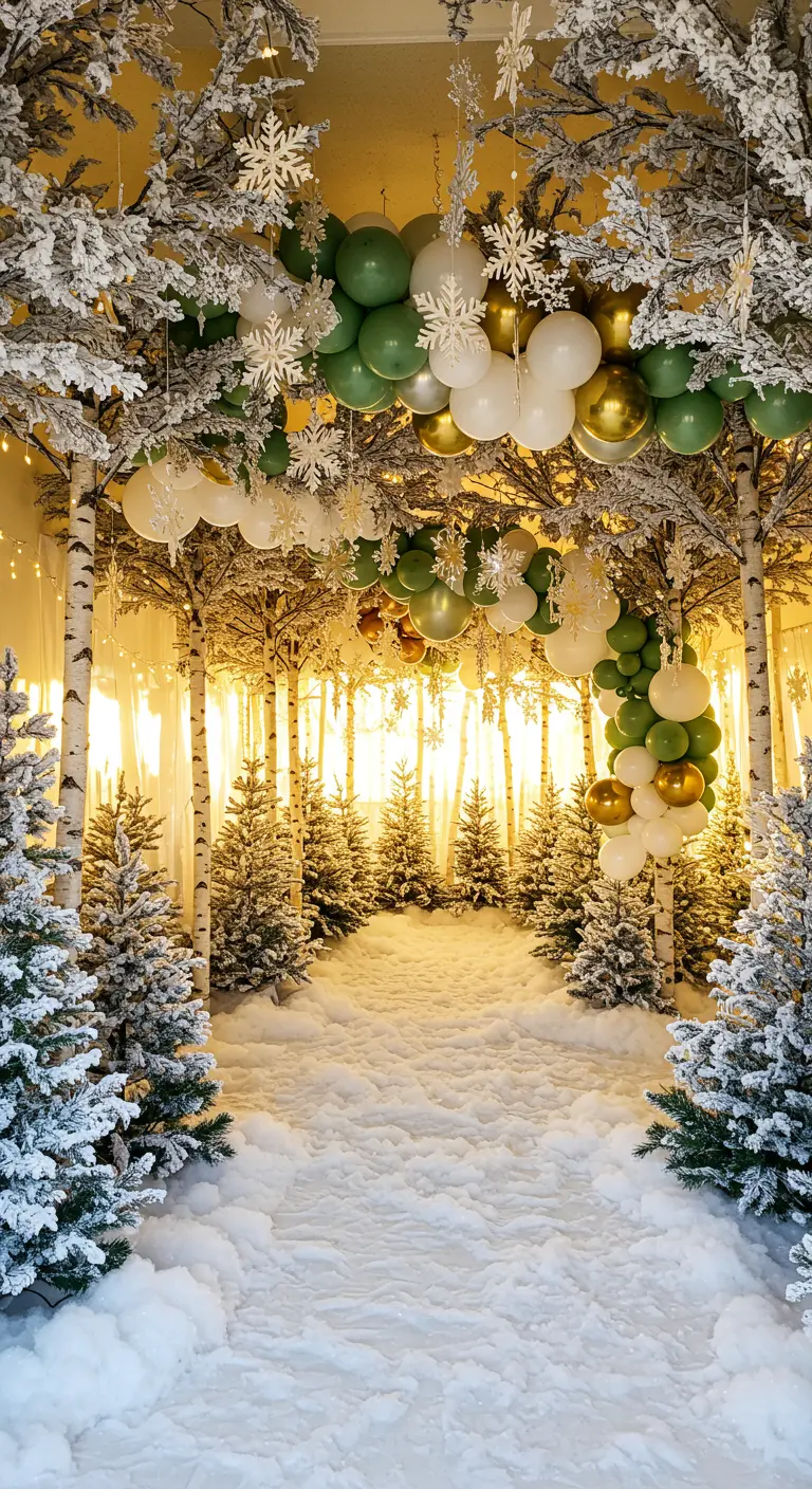 A party entryway designed as a snowy forest path with birch trees and balloons.