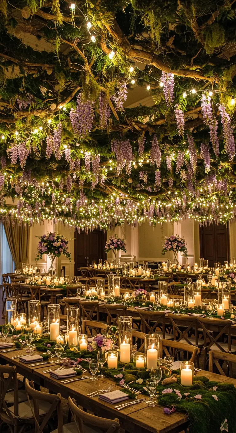 A ceiling covered in hanging wisteria, moss, and glowing string lights over long wooden tables.