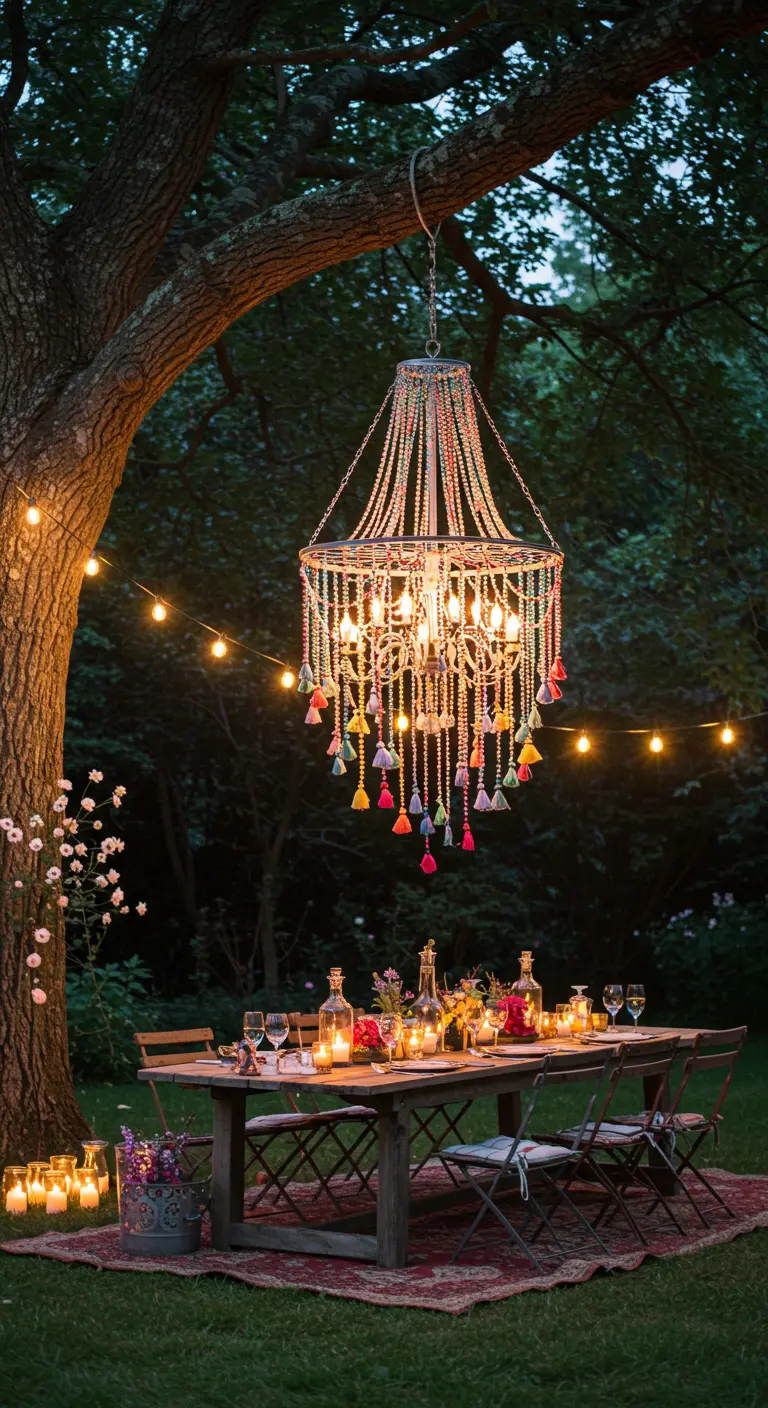 A colorful beaded chandelier hanging from a tree over an outdoor dining table at twilight.
