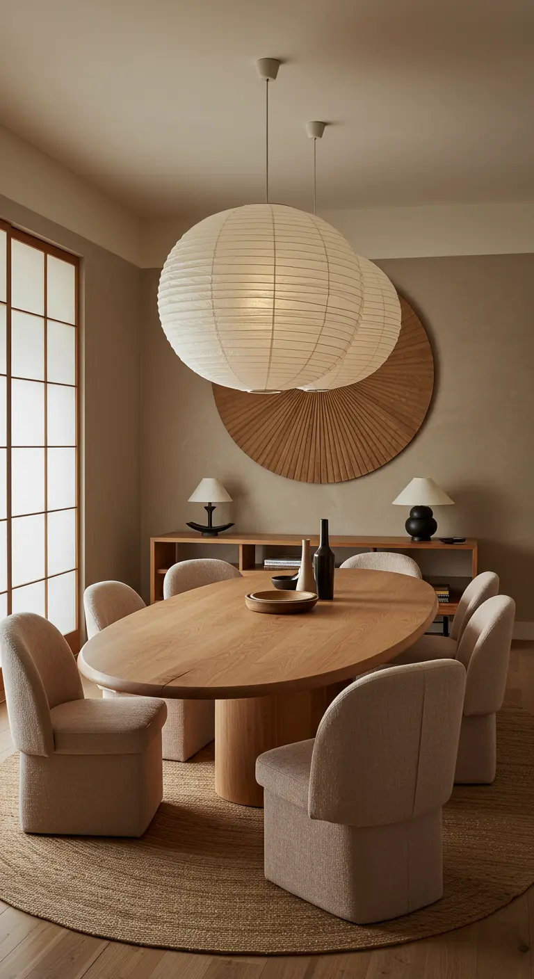 A round oak dining table surrounded by curved boucle chairs under paper lanterns.